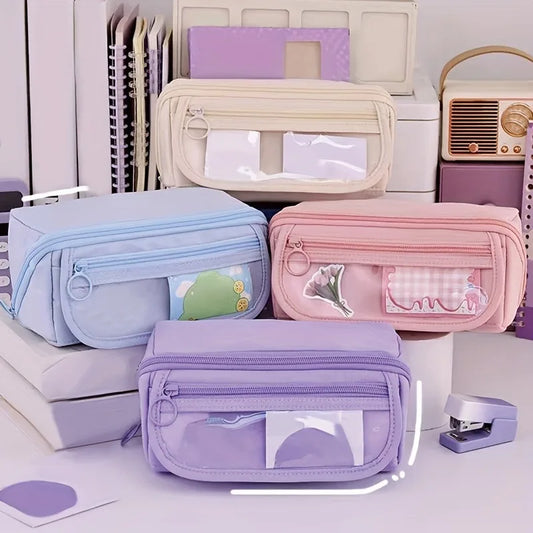 Pencil Case Organizer - Multi-Compartment Desktop Storage for School & Office Supplies ( Pink/Purple/Black)