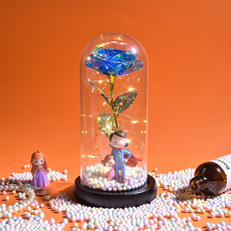 Preserved rose gift on bedside table creating romantic ambiance with LED light