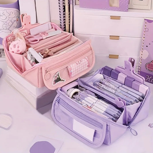 Pencil Case Organizer - Multi-Compartment Desktop Storage for School & Office Supplies ( Pink/Purple/Black)