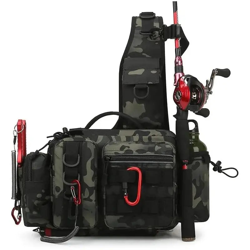 Fishing Tackle Backpack – Multi-Pocket Nylon Sling Bag with Rod Holder for Fly Fishing & Outdoor Travel