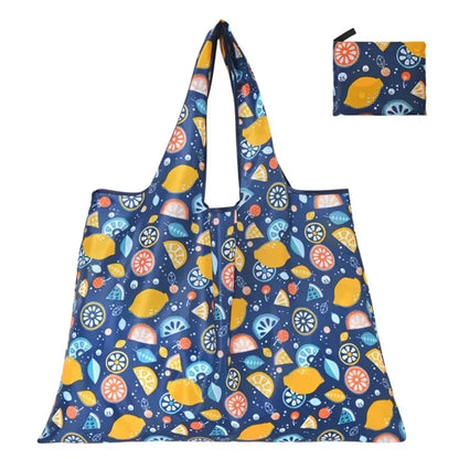 Reusable Home Shopping Bag – Large Foldable Washable Tote with Fun Prints (Strawberry, Lemon, Animals)
