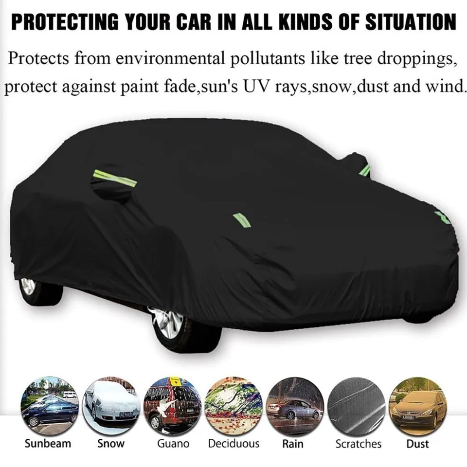 Black Heat-absorbing Car Cover Waterproof Sunscreen Rainproof UV-resistant Car Protective Cover Car Cover with Reflective Strips