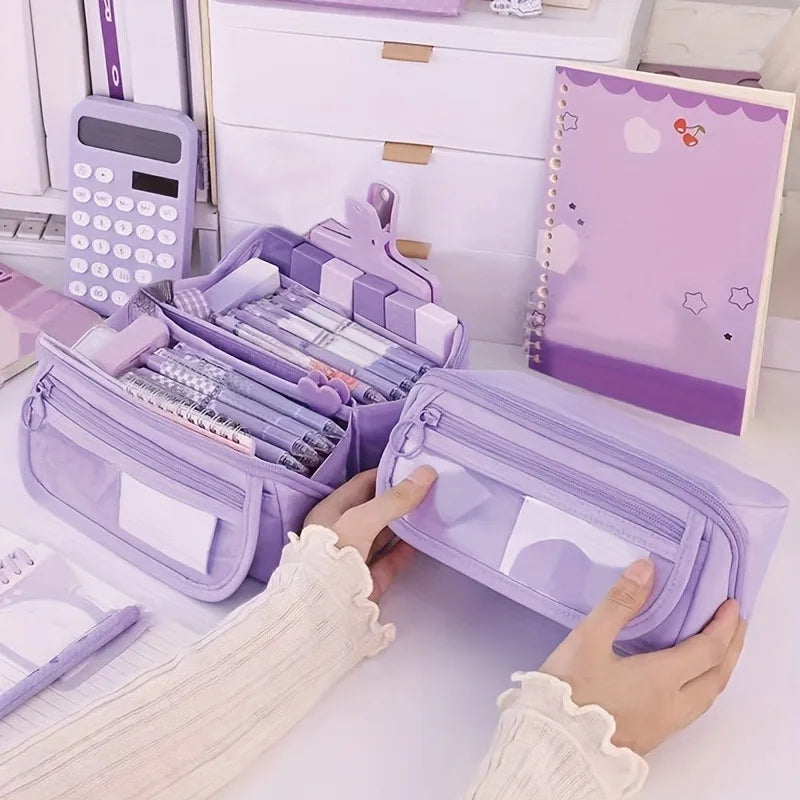 Pencil Case Organizer - Multi-Compartment Desktop Storage for School & Office Supplies ( Pink/Purple/Black)