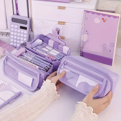 Pencil Case Organizer - Multi-Compartment Desktop Storage for School & Office Supplies ( Pink/Purple/Black)