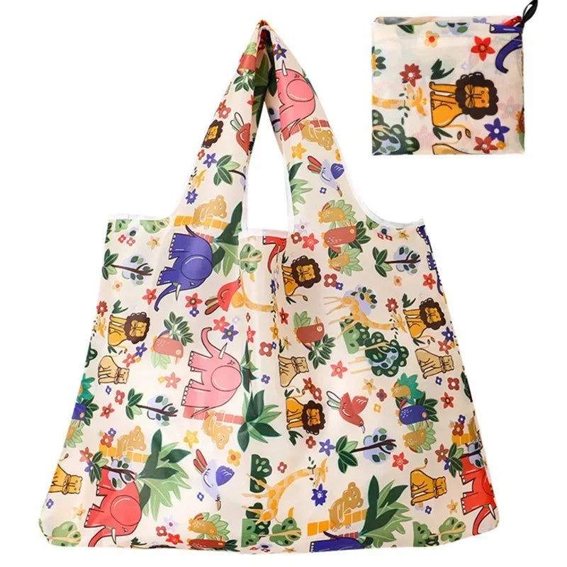 Reusable Home Shopping Bag – Large Foldable Washable Tote with Fun Prints (Strawberry, Lemon, Animals)