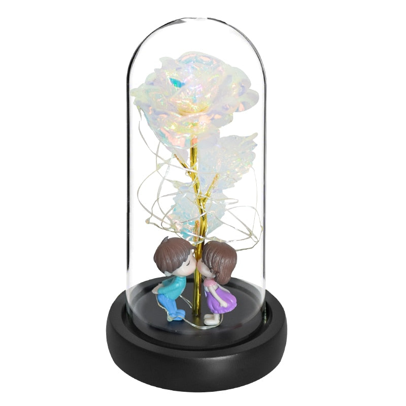 Galaxy preserved rose gift with shimmering petals inside glass dome