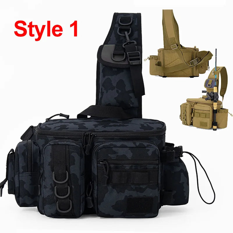Fishing Tackle Backpack – Multi-Pocket Nylon Sling Bag with Rod Holder for Fly Fishing & Outdoor Travel