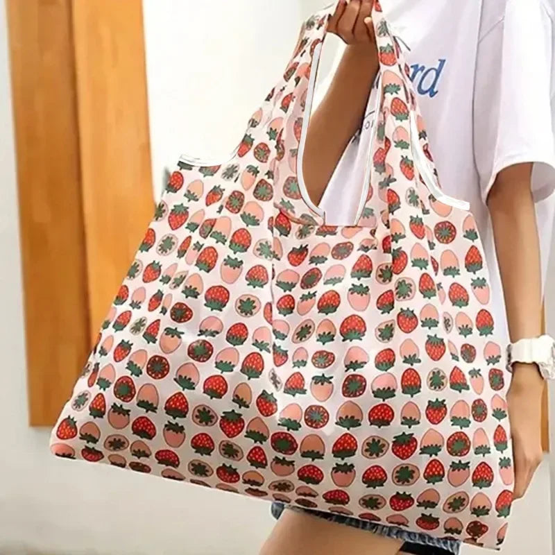 Reusable Home Shopping Bag – Large Foldable Washable Tote with Fun Prints (Strawberry, Lemon, Animals)