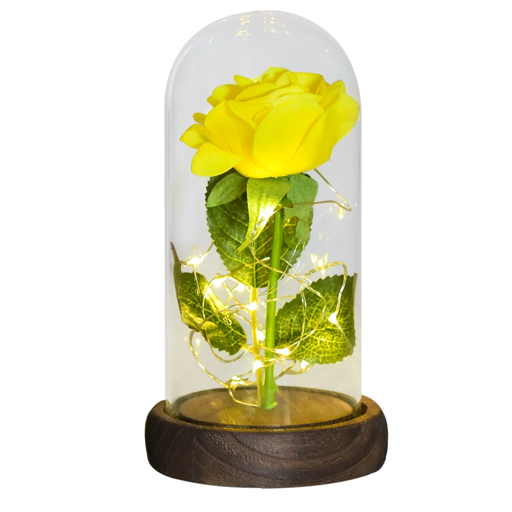 Preserved rose gift on bedside table creating romantic ambiance with LED light