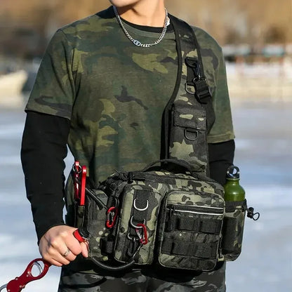 Fishing Tackle Backpack – Multi-Pocket Nylon Sling Bag with Rod Holder for Fly Fishing & Outdoor Travel