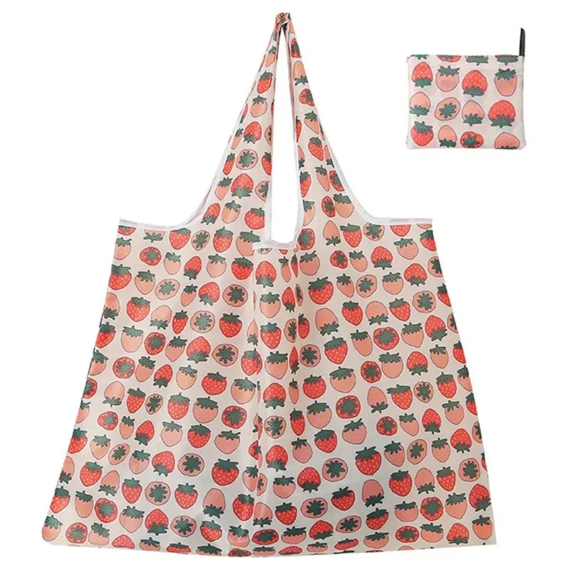 Reusable Home Shopping Bag – Large Foldable Washable Tote with Fun Prints (Strawberry, Lemon, Animals)