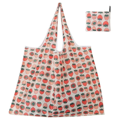 Reusable Home Shopping Bag – Large Foldable Washable Tote with Fun Prints (Strawberry, Lemon, Animals)