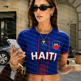 Women Crop Tops T-shirt Short Sleeve Crew Neck Y2K Football T shirt Jersey Casual Streetwear Summer Haiti
