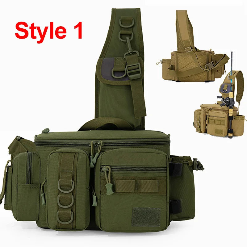 Fishing Tackle Backpack – Multi-Pocket Nylon Sling Bag with Rod Holder for Fly Fishing & Outdoor Travel