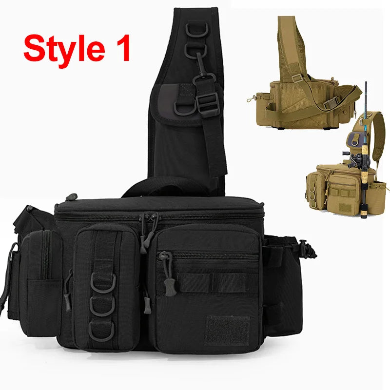 Fishing Tackle Backpack – Multi-Pocket Nylon Sling Bag with Rod Holder for Fly Fishing & Outdoor Travel