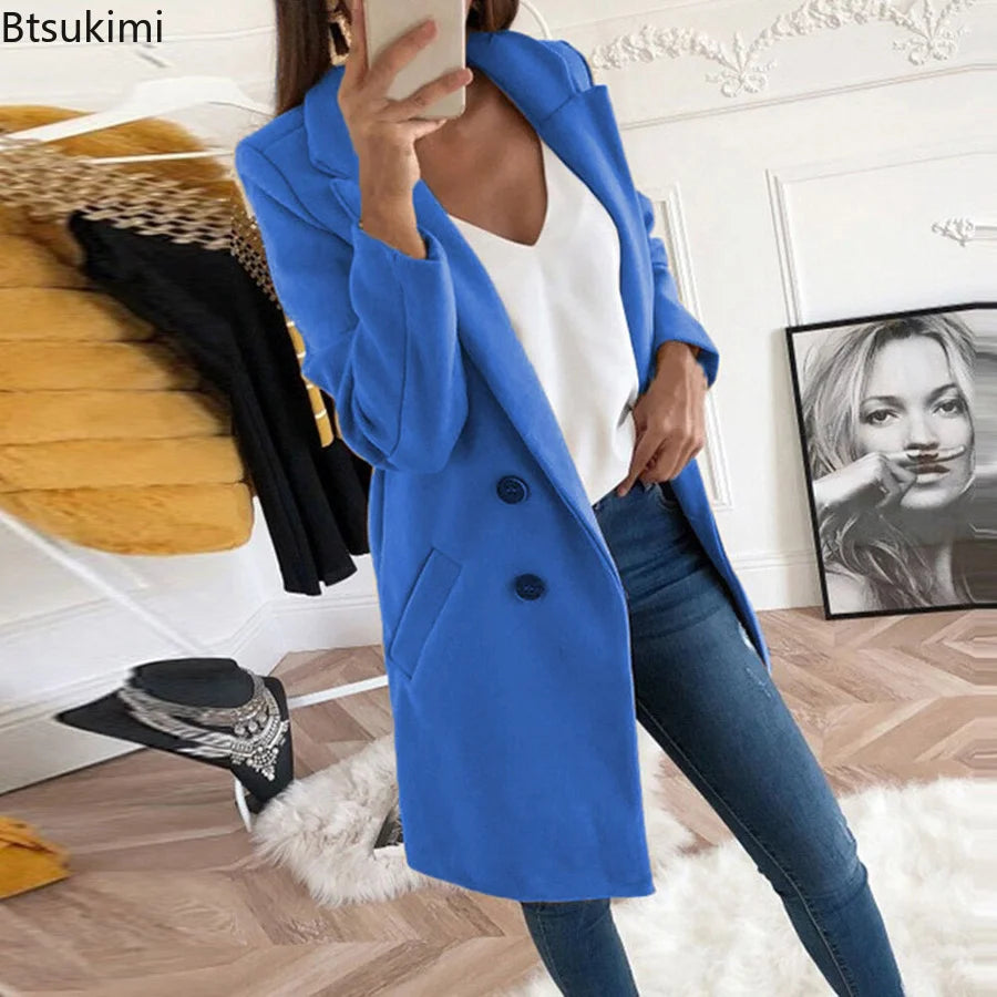 New Plus Size 4XL 5XL Women's Autumn Coat Woollen Blends Overcoats 2023 Winter Long Sleeve Casual Oversize Outwear Jackets Coat