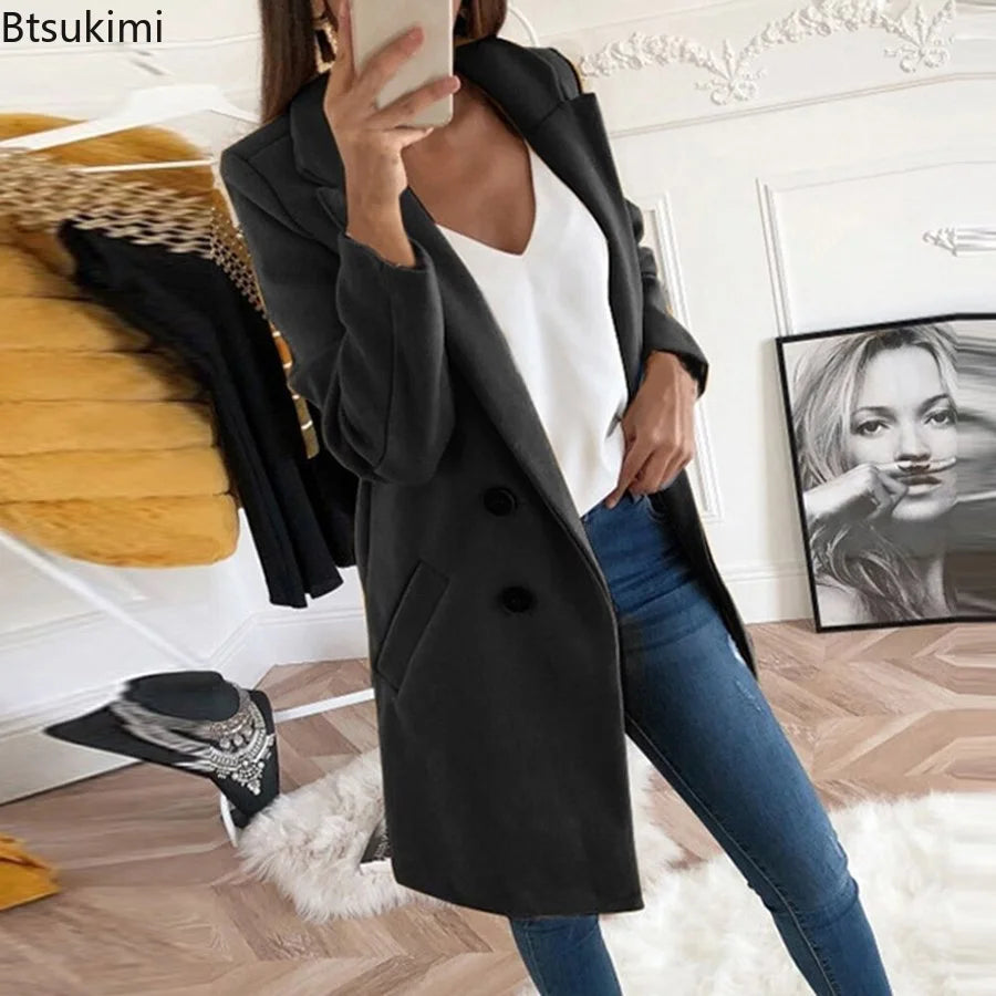 New Plus Size 4XL 5XL Women's Autumn Coat Woollen Blends Overcoats 2023 Winter Long Sleeve Casual Oversize Outwear Jackets Coat