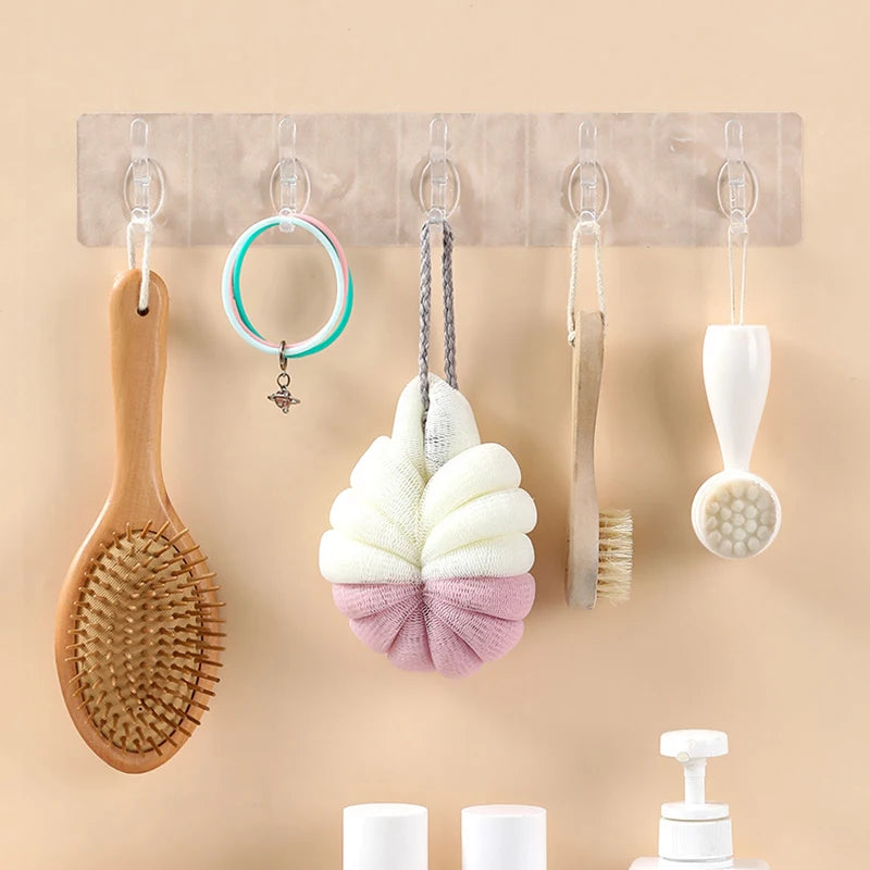 3/5/6 Hooks Transparent Holder Rack Bathroom Towel Sponge Storage Hanger Living Room Hat Clothes Seamless Hook Organiser