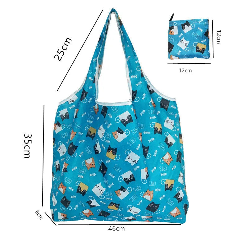 Reusable Home Shopping Bag – Large Foldable Washable Tote with Fun Prints (Strawberry, Lemon, Animals)