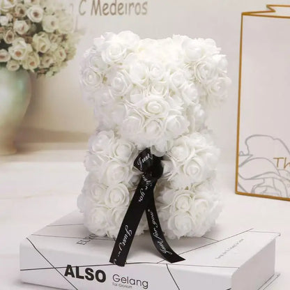 25cm Artificial Teddy Rose Flower Bear with Box Romantic Valentines Day Gift Girlfriend Women Anniversary Wedding Party Supplies