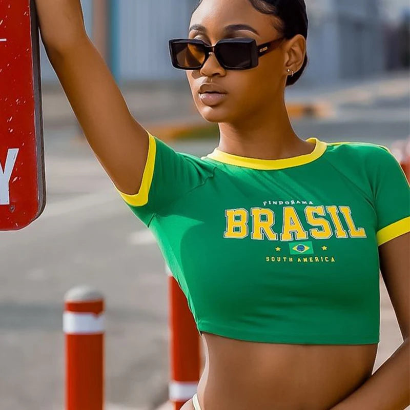 Brasil Letter Print Crop Top 2026 – Sexy Summer Fan T-Shirt | Women | S-XL | 16 Colors
