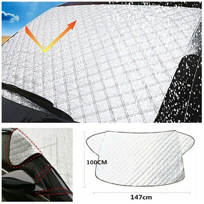 Windshield cover protecting car from winter snow and ice accumulation