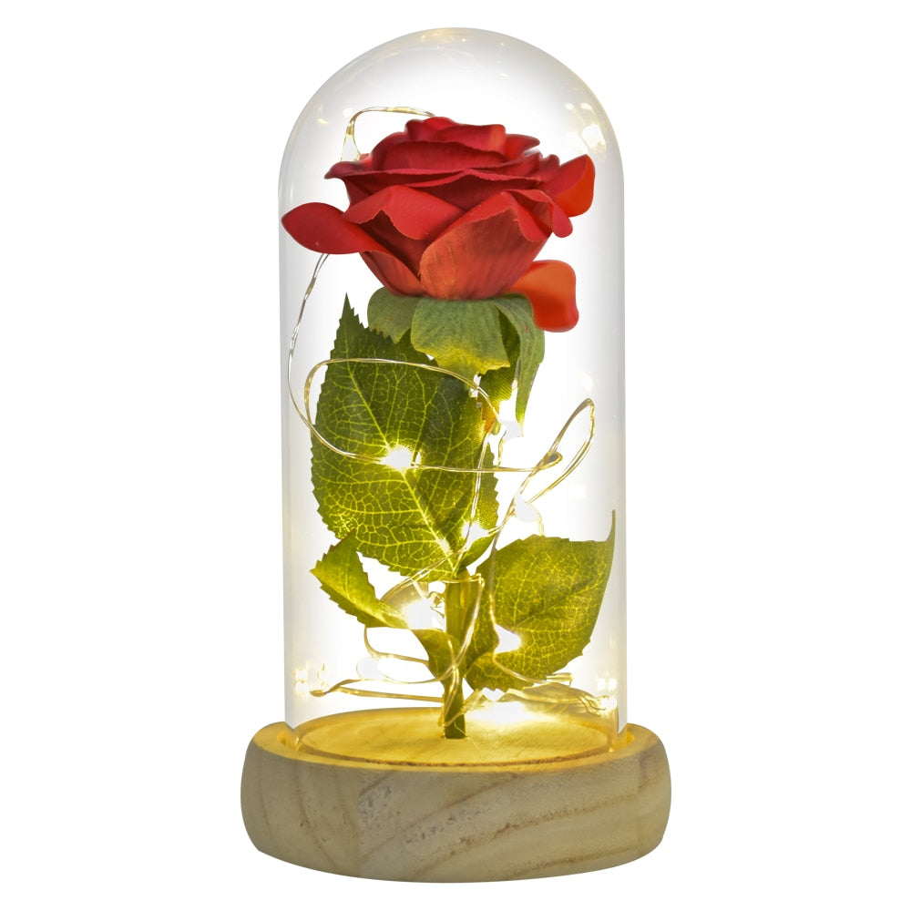 Preserved rose gift on bedside table creating romantic ambiance with LED light