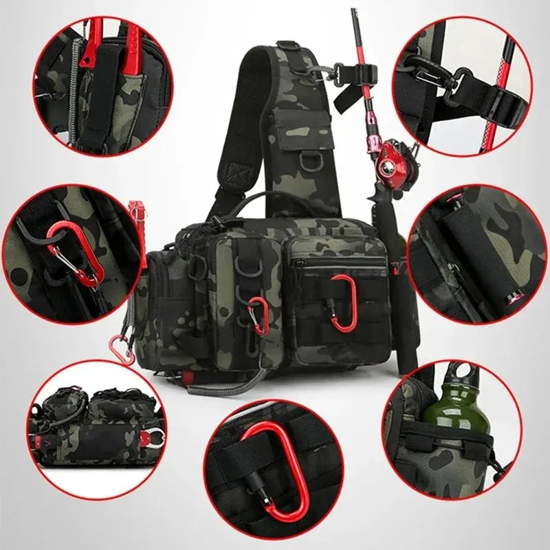 Fishing Tackle Backpack – Multi-Pocket Nylon Sling Bag with Rod Holder for Fly Fishing & Outdoor Travel