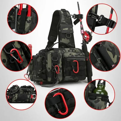Fishing Tackle Backpack – Multi-Pocket Nylon Sling Bag with Rod Holder for Fly Fishing & Outdoor Travel