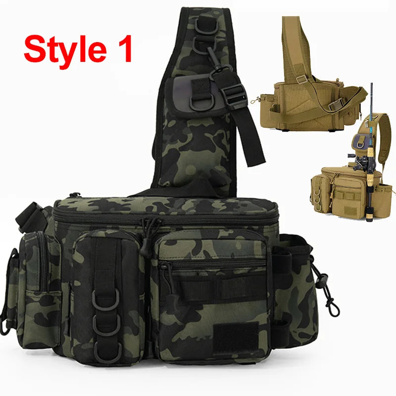 Fishing Tackle Backpack – Multi-Pocket Nylon Sling Bag with Rod Holder for Fly Fishing & Outdoor Travel
