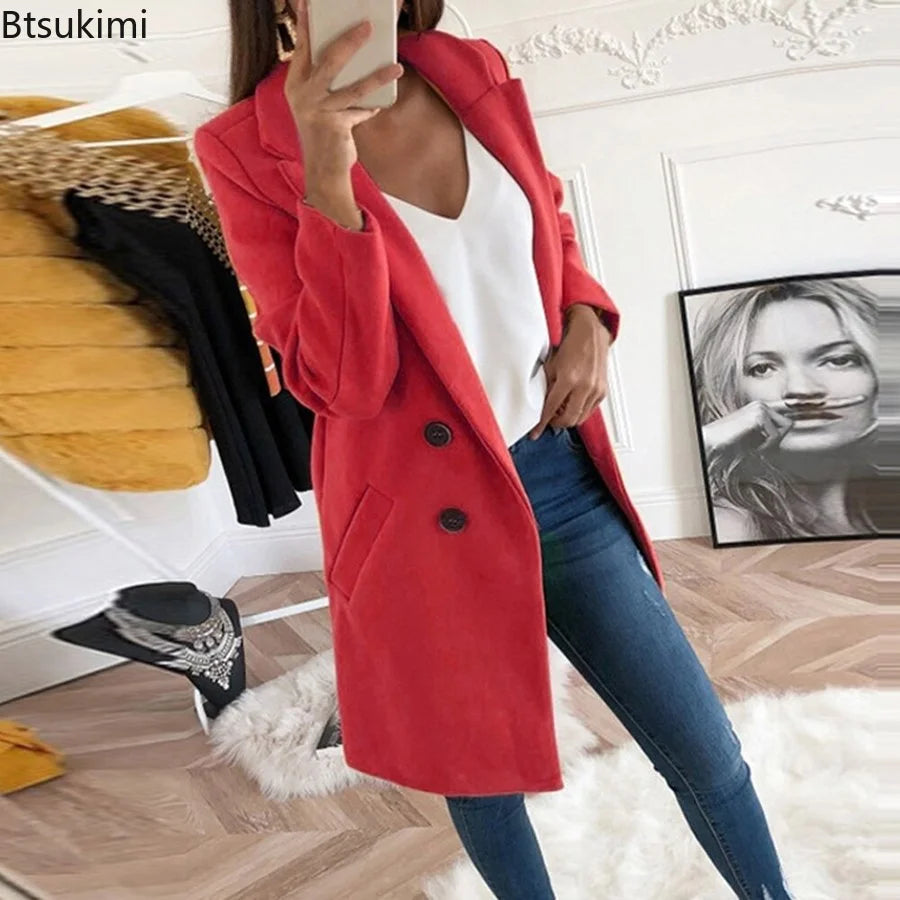 New Plus Size 4XL 5XL Women's Autumn Coat Woollen Blends Overcoats 2023 Winter Long Sleeve Casual Oversize Outwear Jackets Coat