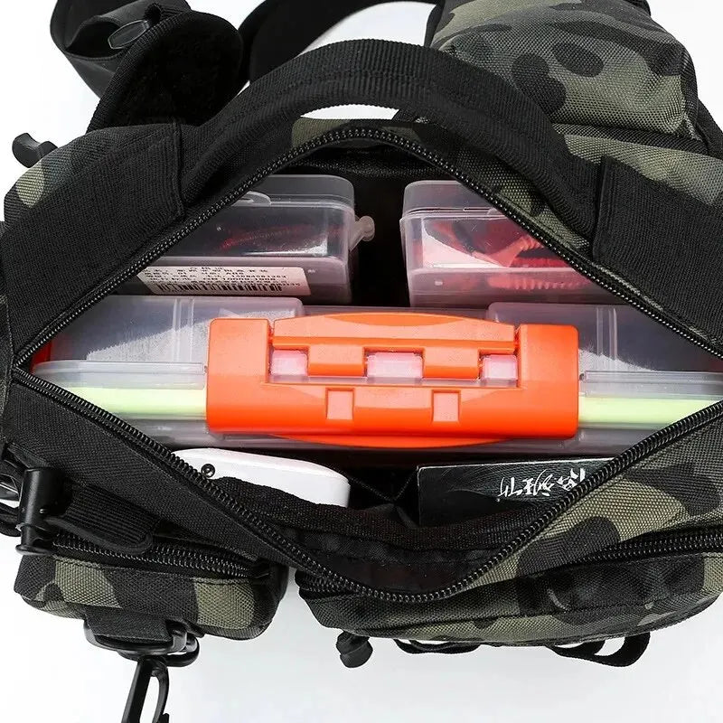 Fishing Tackle Backpack – Multi-Pocket Nylon Sling Bag with Rod Holder for Fly Fishing & Outdoor Travel