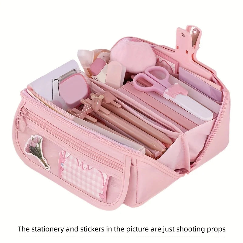 Pencil Case Organizer - Multi-Compartment Desktop Storage for School & Office Supplies ( Pink/Purple/Black)